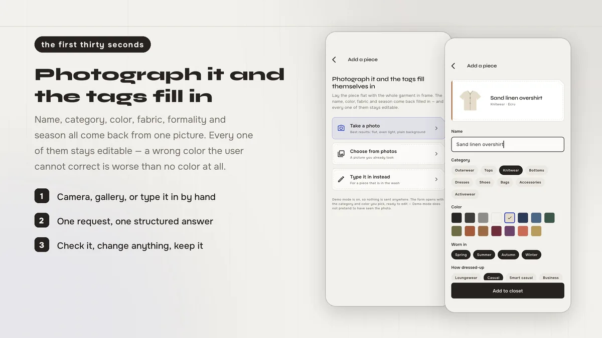 Adding a garment with AI-suggested editable tags — Capsora