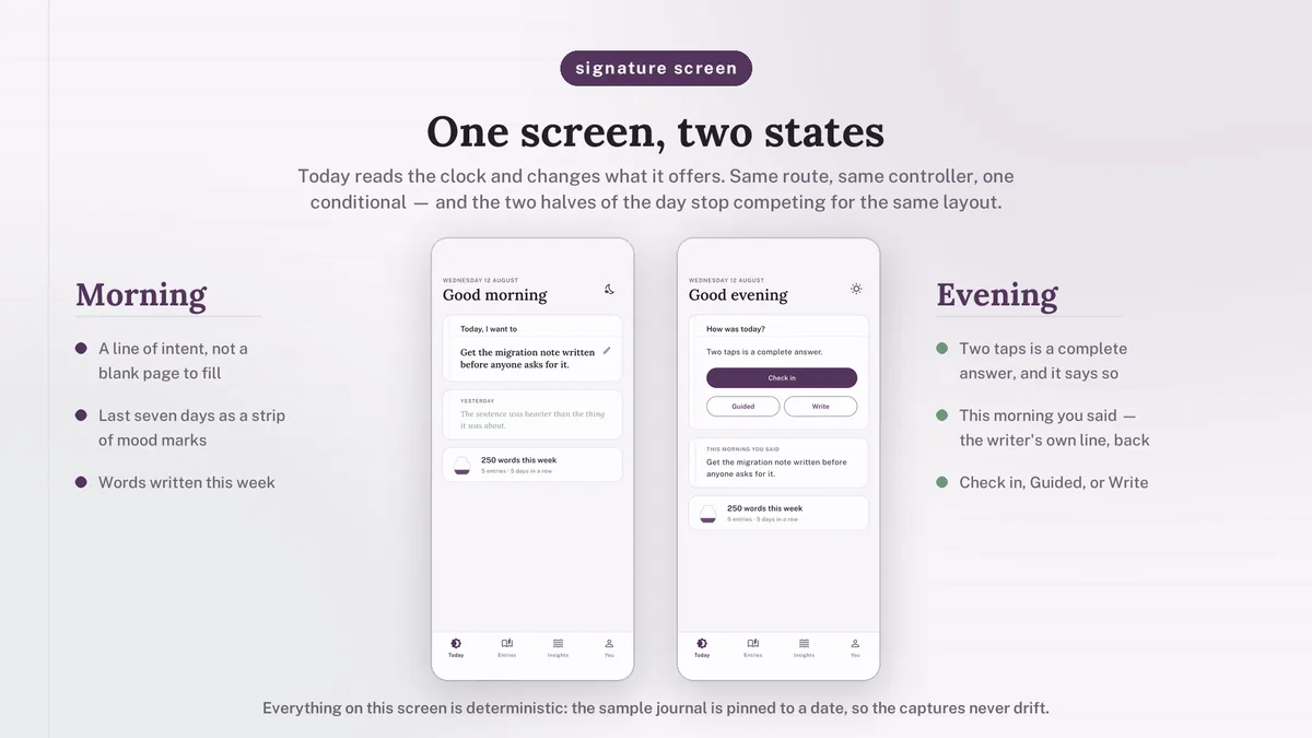 Today screen in its morning and evening states — Emotora