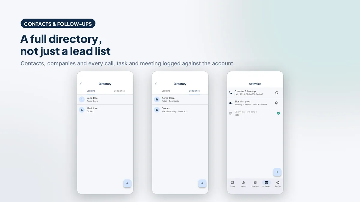 Contact timeline and activities agenda — Fieldora