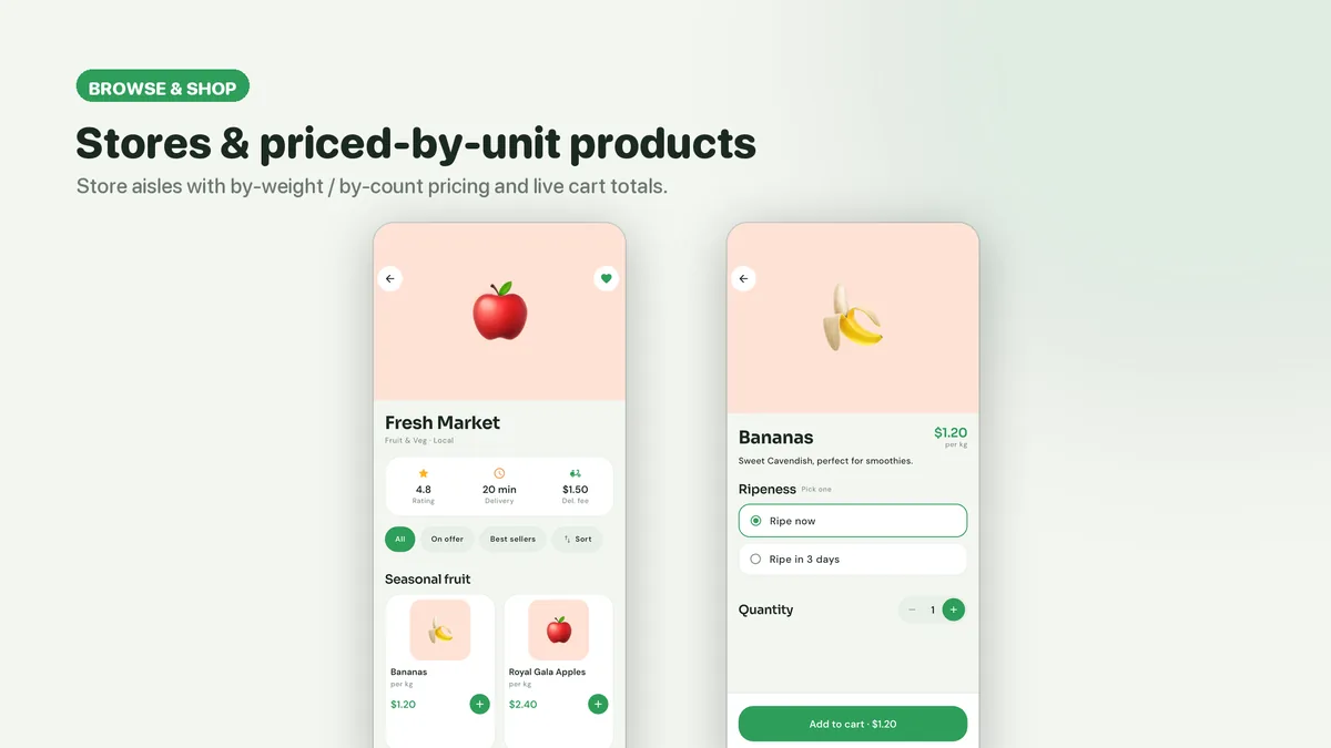 Aisles overview, product grid and product detail — Freshko