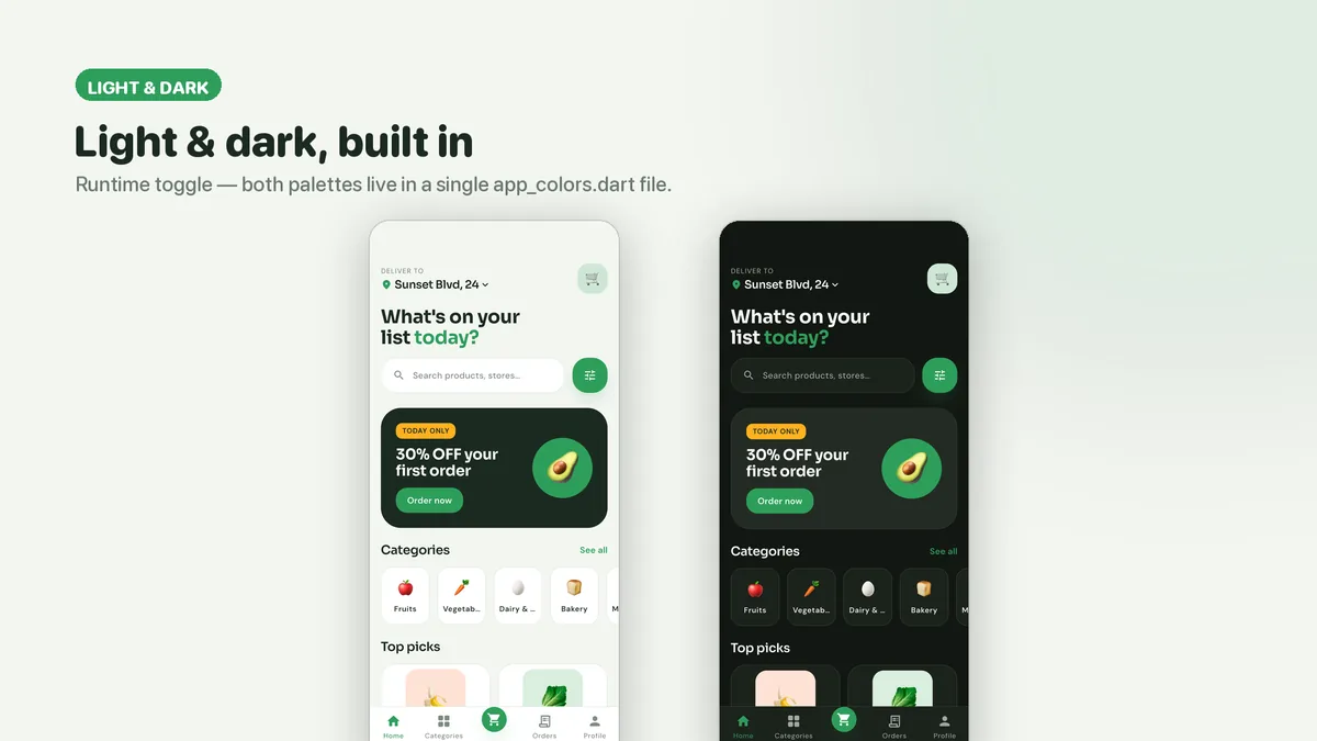 Grocery home screens in light and dark theme — Freshko