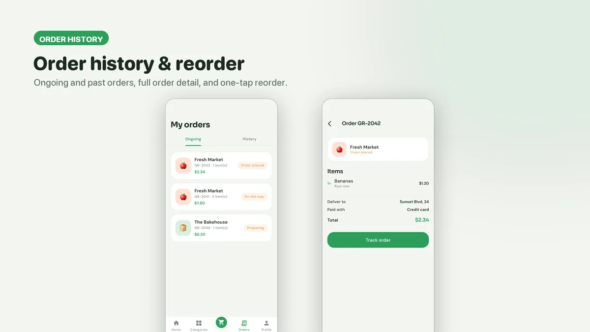 Order history and order detail with reorder — Freshko