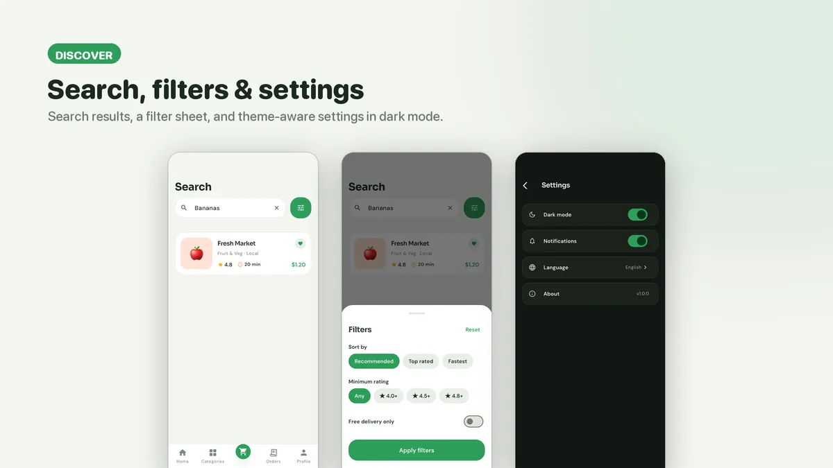 Product search with filters and settings — Freshko