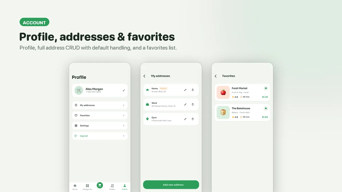 Profile, saved addresses and account screens — Freshko