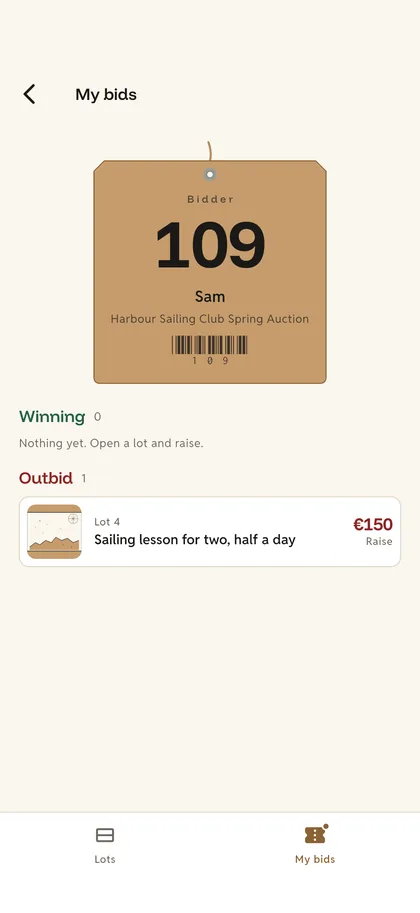 Bidders join with a code and a number — Hammora screen