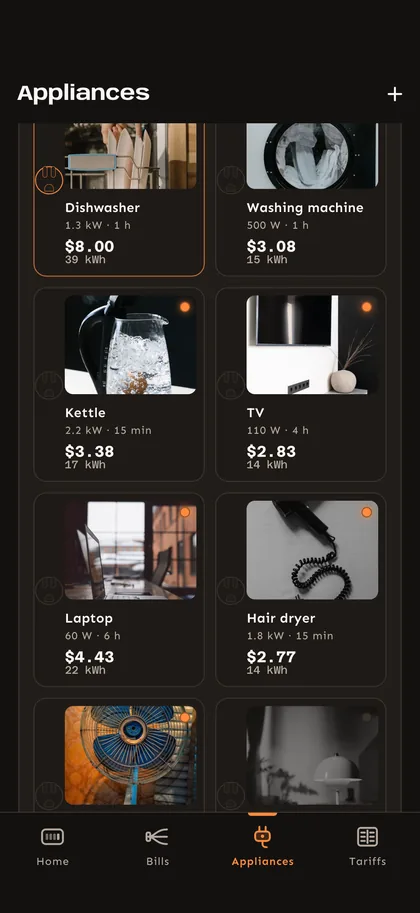 Every appliance on the strip — Joulora screen