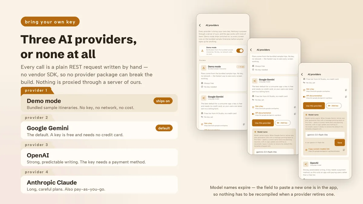 Provider settings for Gemini, OpenAI, Claude and Demo mode — Journora