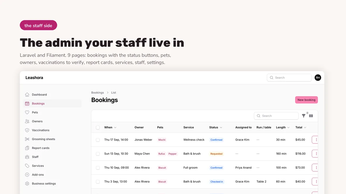Filament admin bookings list with status buttons — Leashora