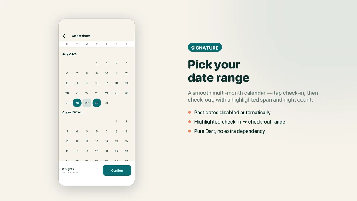 Date-range calendar with check-in, check-out and night count — Lodgora