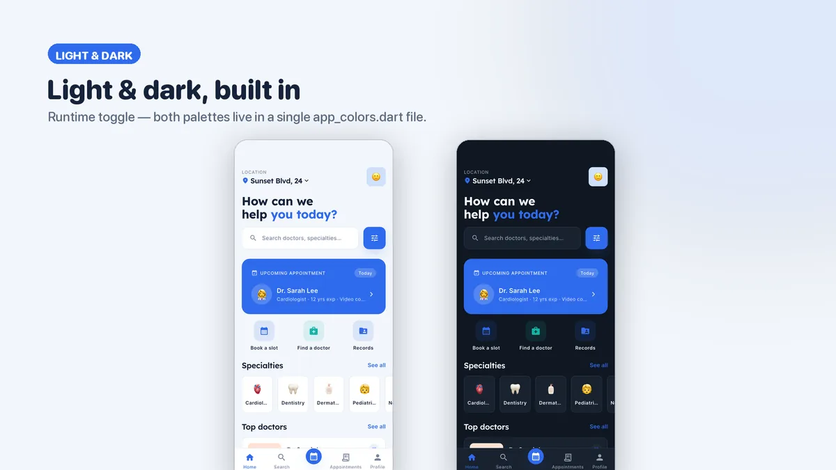 Home and doctor screens in light and dark theme — Medora