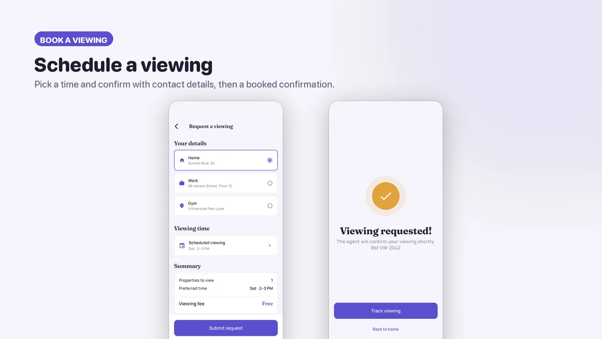 Booking a viewing: tour type and preferred time — Nestora Flutter Real Estate UI Kit