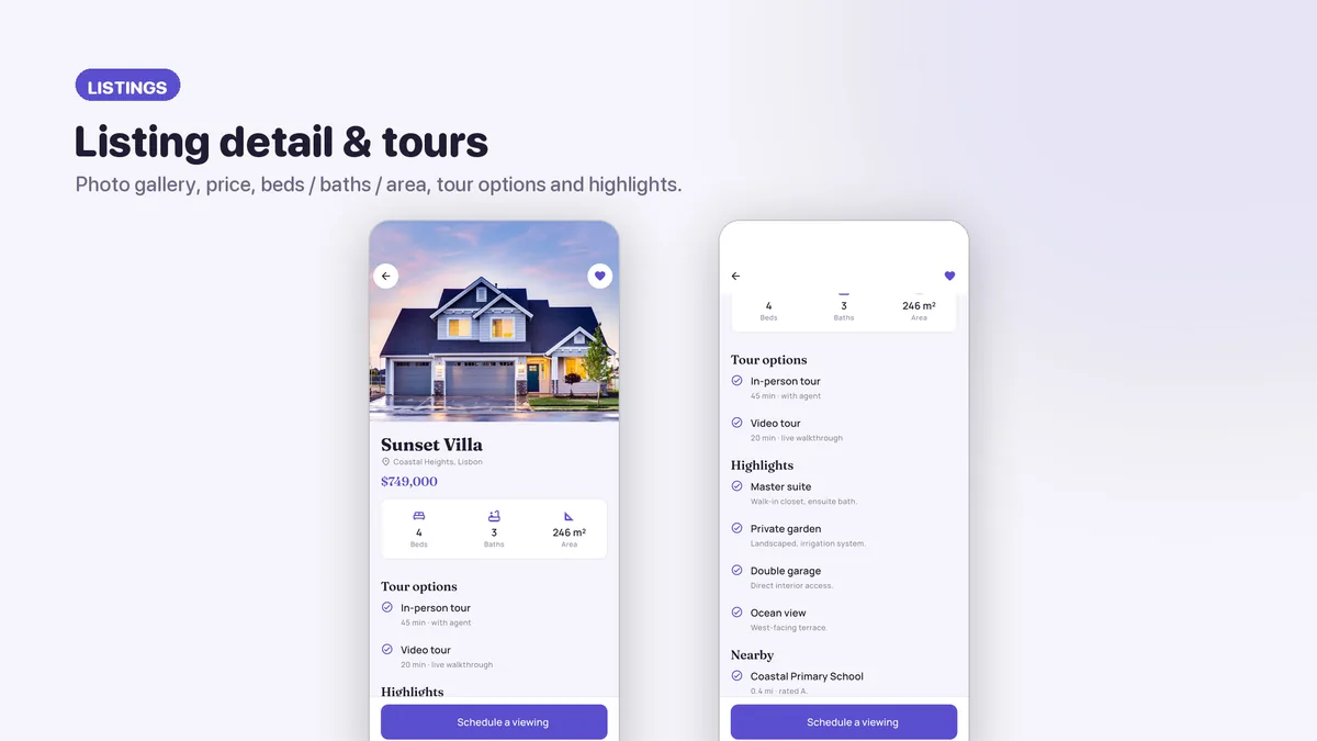 Listing detail with gallery, price, beds, baths and floor area — Nestora Flutter Real Estate UI Kit