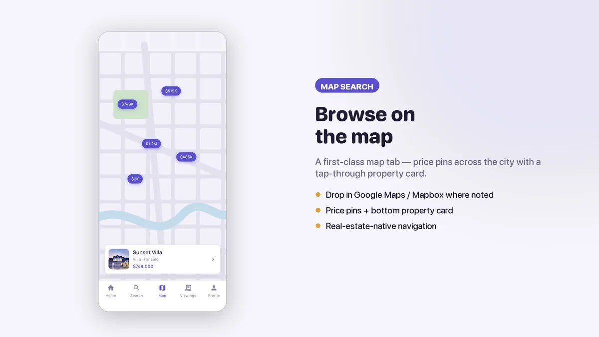 Map view with live price pins — Nestora Flutter Real Estate UI Kit