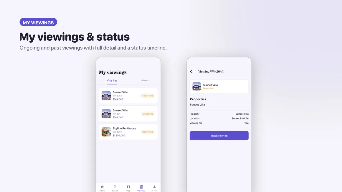 My viewings, upcoming and past, with a status timeline — Nestora Flutter Real Estate UI Kit