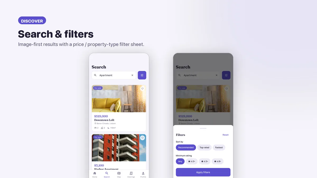 Search and filters across eight property types — Nestora Flutter Real Estate UI Kit