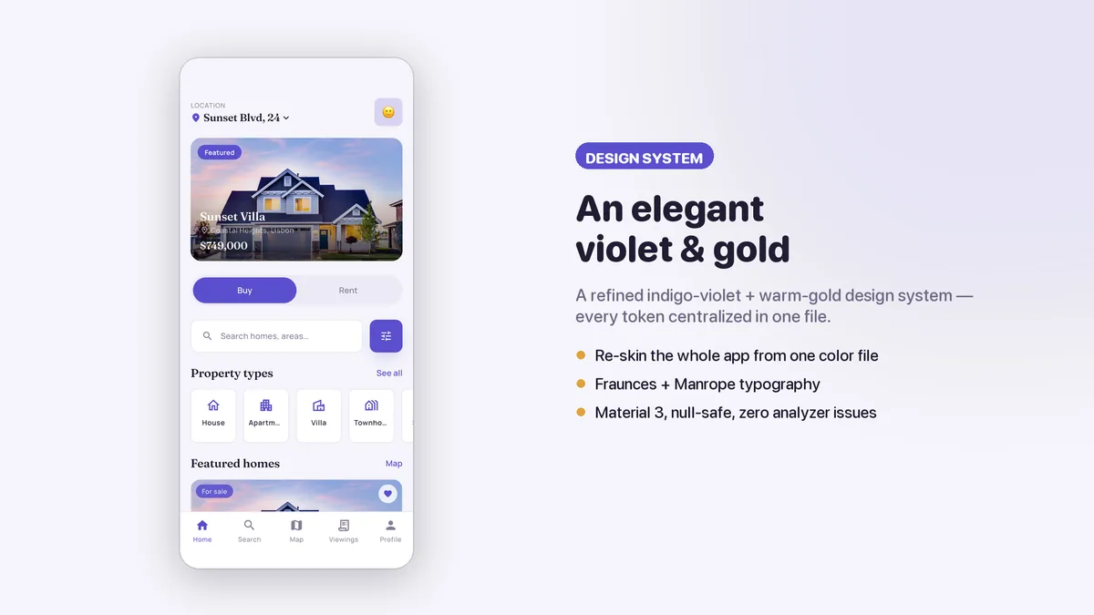 The design tokens: colour, type and spacing in one file — Nestora Flutter Real Estate UI Kit