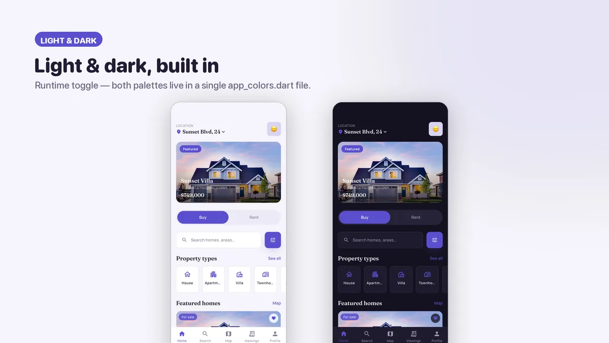 The same screens in light and dark theme — Nestora Flutter Real Estate UI Kit