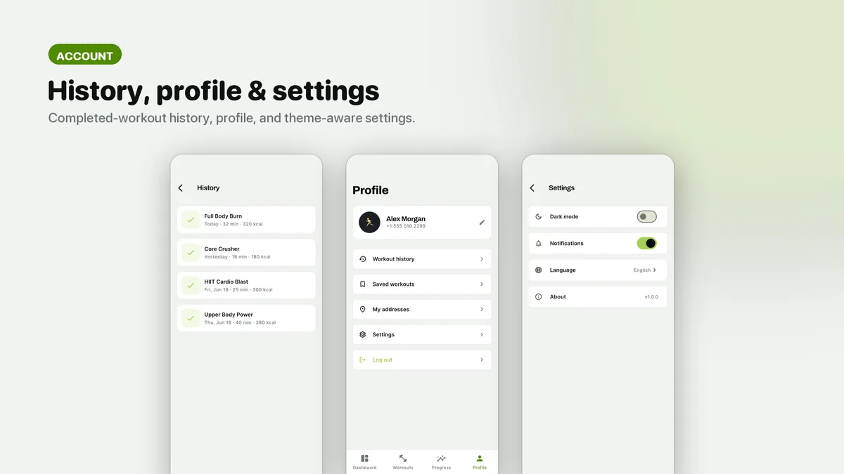Profile and settings screens — Pulsea
