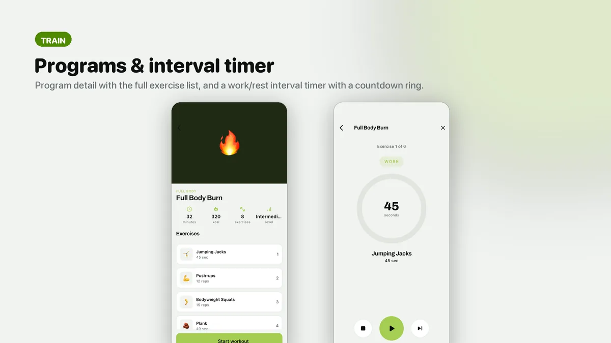 Program detail and full-screen interval workout timer — Pulsea