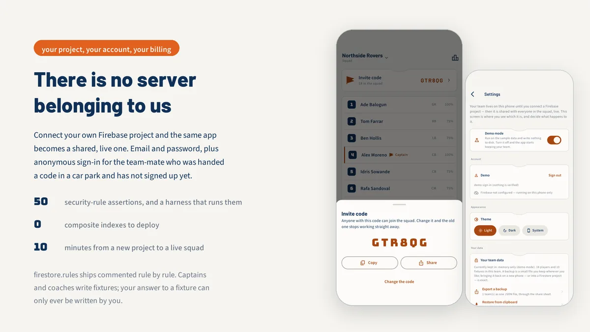 Invite code sheet and settings showing the active data store — Rostora