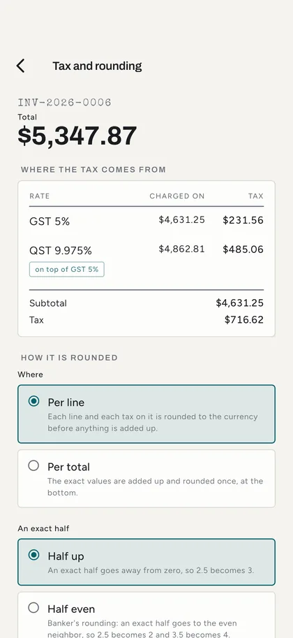 Tax that rounds the way your accountant expects — Settlora screen