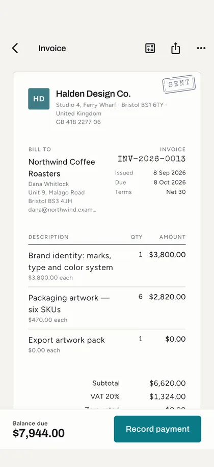The invoice is the screen — Settlora screen