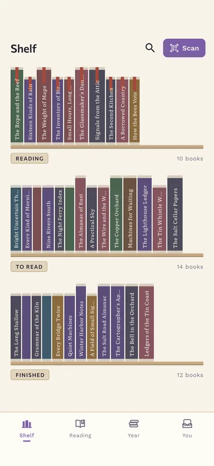 A shelf of spines, not a grid of covers — Shelfora screen