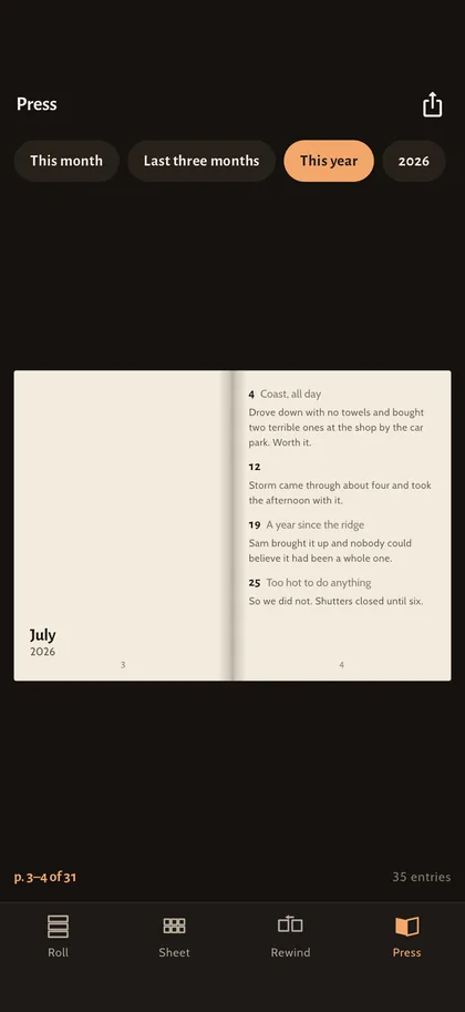 A month on one contact sheet, a year in one book — Shutora screen