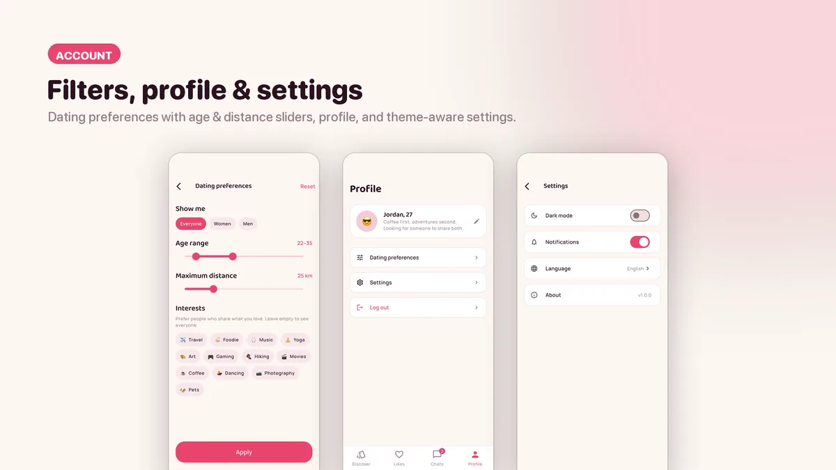 Account, preferences and settings — Sweva Flutter Dating UI Kit