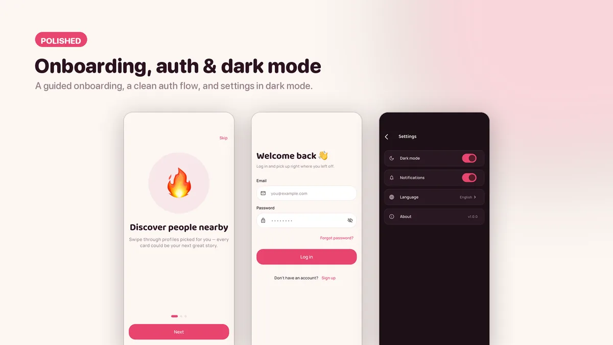 Onboarding and sign-in screens — Sweva Flutter Dating UI Kit
