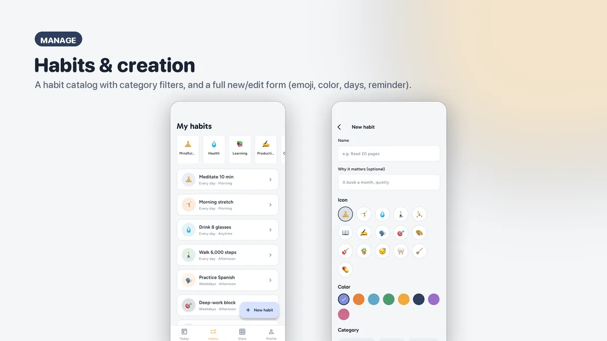 Habit editor and catalog with category filters — Tendora