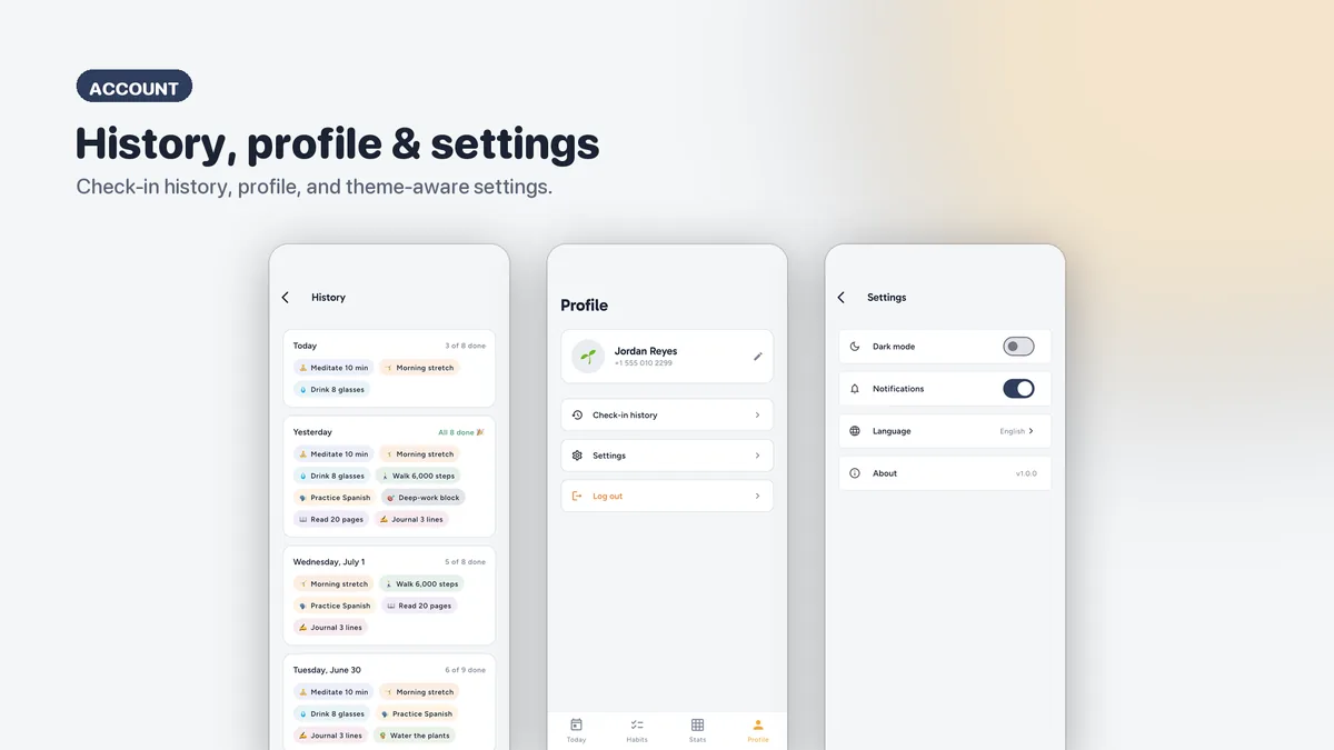 Profile and settings screens — Tendora
