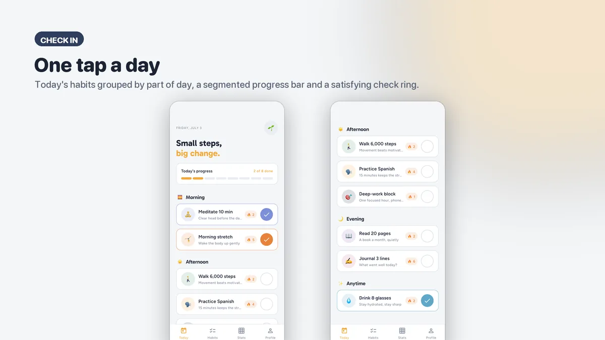 Today list with check rings and daily progress bar — Tendora