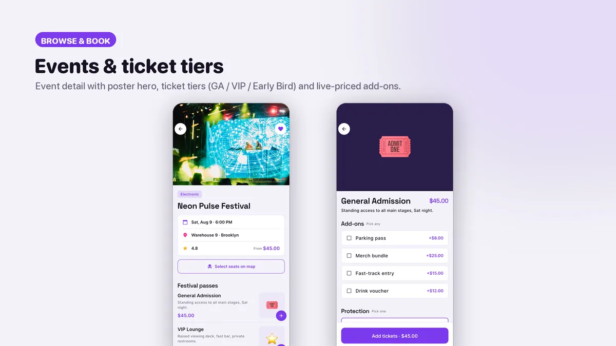 Featured event carousel, categories and event detail — Tikora