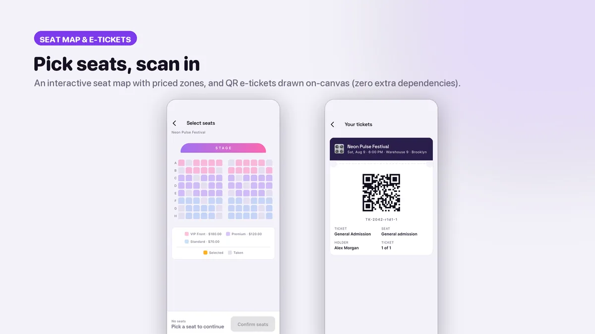 Interactive seat map and QR e-ticket wallet — Tikora