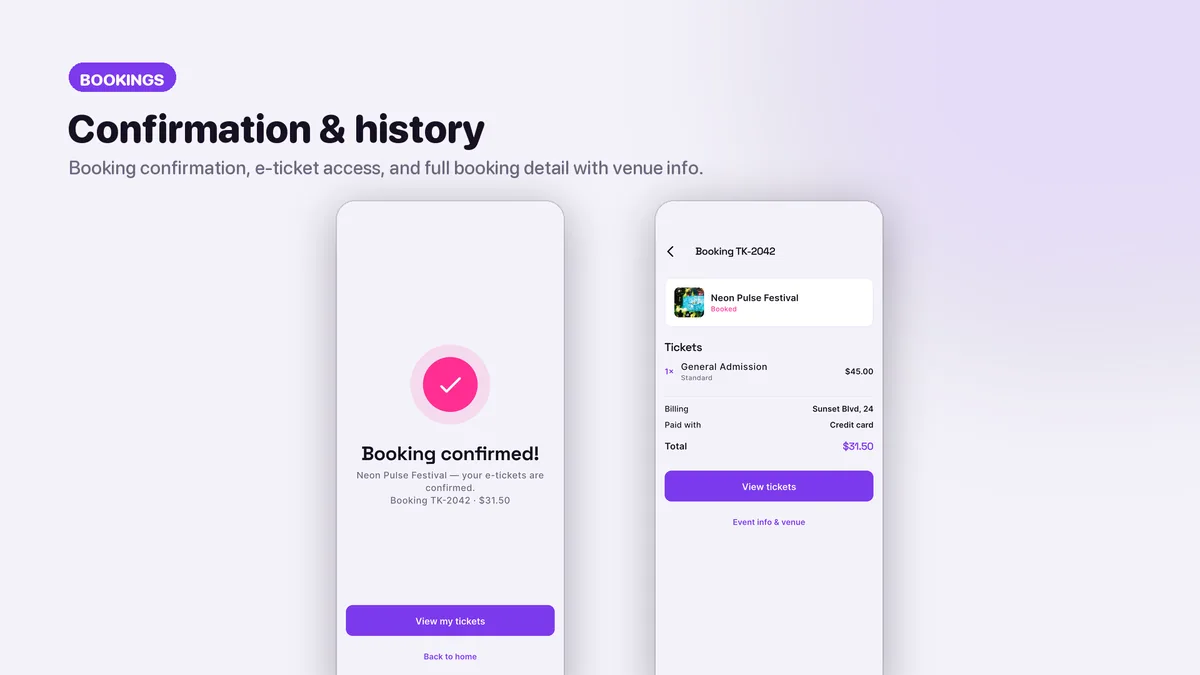 My Tickets and booking detail with venue map — Tikora