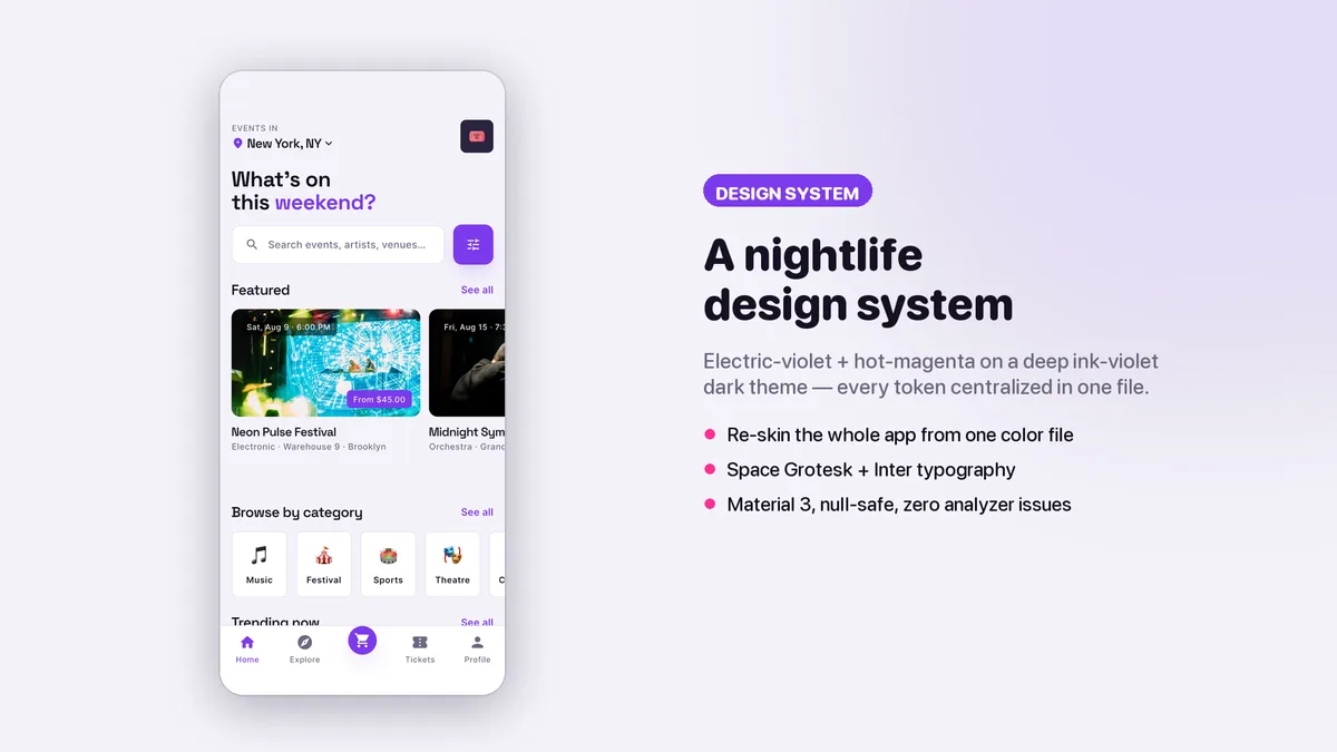 Tikora violet and magenta palette, type and components — Tikora