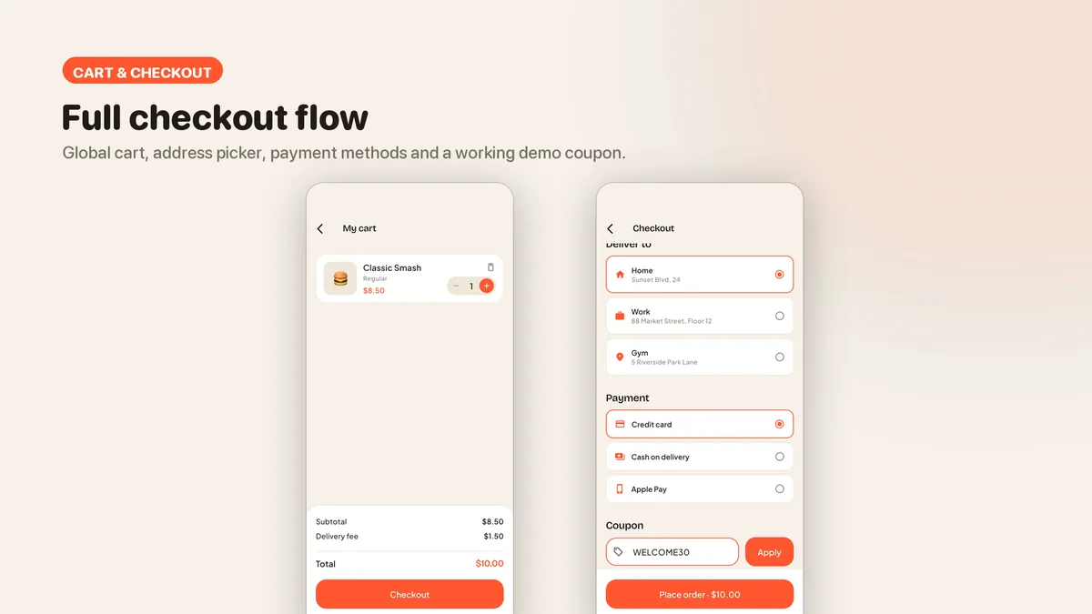 Cart and checkout with address, payment and coupon — Tomavo