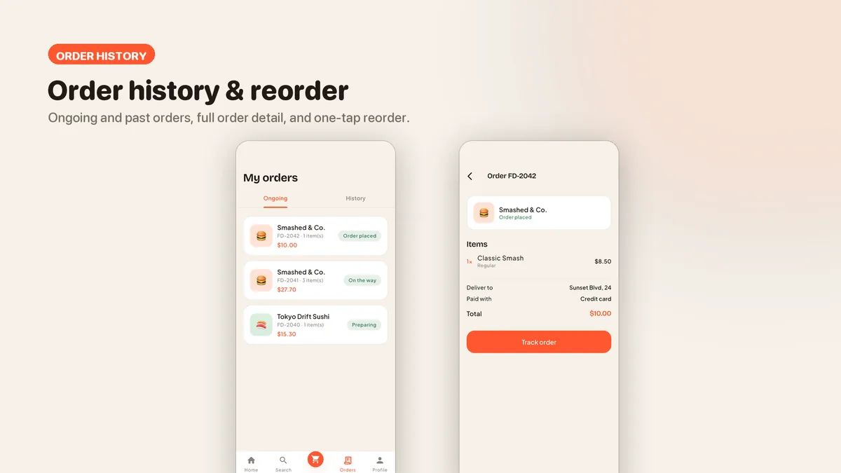 Order history and order detail with reorder — Tomavo