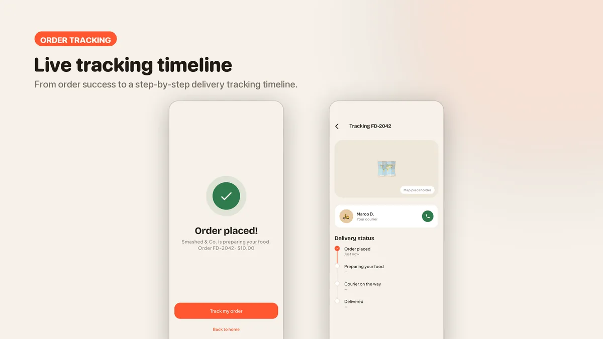 Order success and live delivery tracking timeline — Tomavo