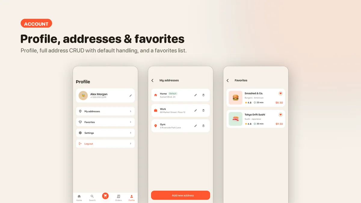 Profile, addresses and account screens — Tomavo
