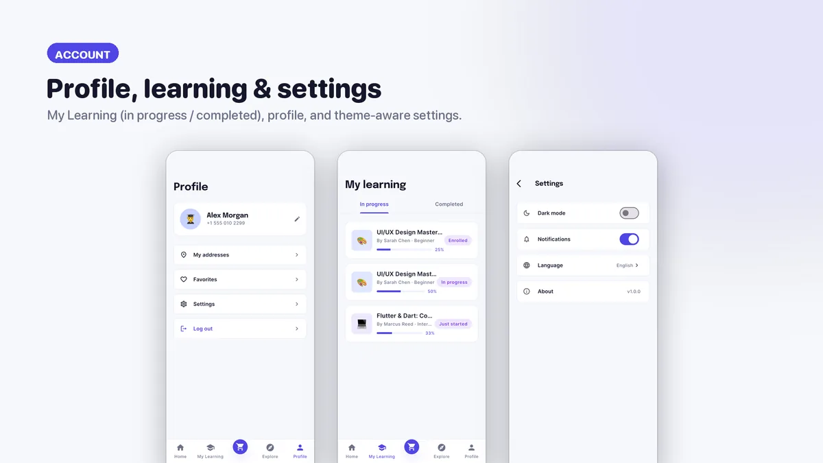 Learner profile and account settings — Veltora