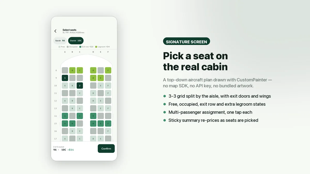 Top-down cabin seat map with selected seats and price summary — Wingora