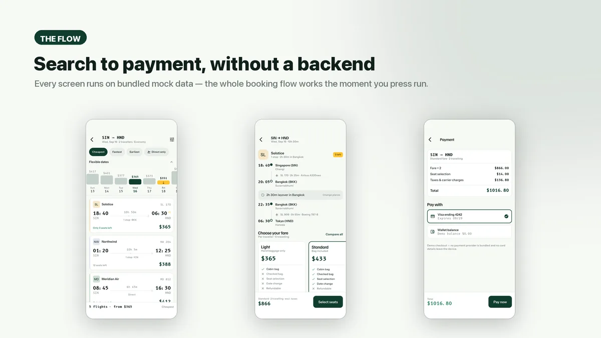 Traveller details, payment and booking confirmation screens — Wingora