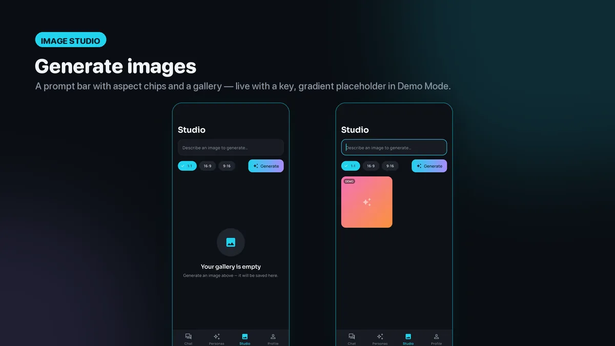 Image Studio with prompt, aspect chips and generated gallery — Wivora