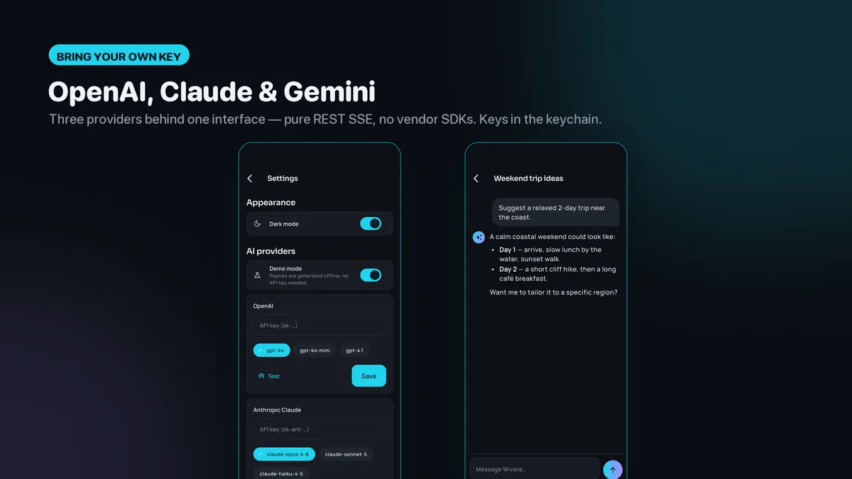 Provider settings for OpenAI, Claude, Gemini and Demo Mode — Wivora