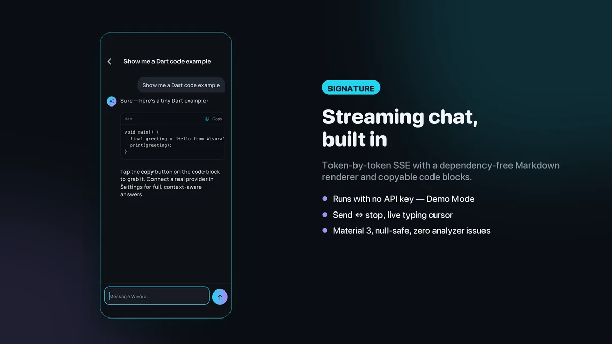 Streaming chat reply with rendered Markdown and a code block — Wivora